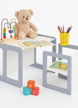 Montesori dečiji sto i stolica KINDER HOME, drveni set 3 u 1, belo sivi