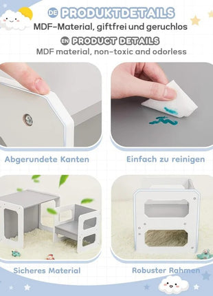 Montesori dečiji sto i stolica KINDER HOME, drveni set 3 u 1, belo sivi
