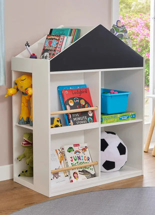 Dečija polica za igračke i knjige KINDER HOME, Kućica sa policama i tablom za crtanje, Montesori, Bela