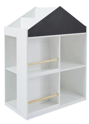 Dečija polica za igračke i knjige KINDER HOME, Kućica sa policama i tablom za crtanje, Montesori, Bela