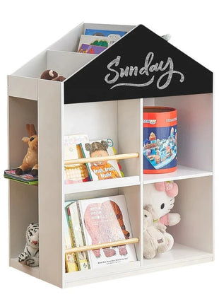 Dečija polica za igračke i knjige KINDER HOME, Kućica sa policama i tablom za crtanje, Montesori, Bela