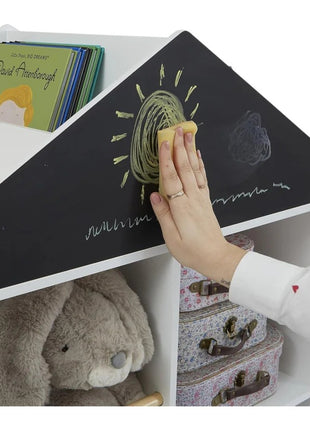 Dečija polica za igračke i knjige KINDER HOME, Kućica sa policama i tablom za crtanje, Montesori, Bela