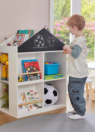 Dečija polica za igračke i knjige KINDER HOME, Kućica sa policama i tablom za crtanje, Montesori, Bela