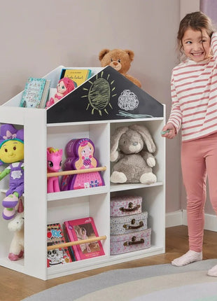 Dečija polica za igračke i knjige KINDER HOME, Kućica sa policama i tablom za crtanje, Montesori, Bela