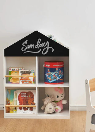 Dečija polica za igračke i knjige KINDER HOME, Kućica sa policama i tablom za crtanje, Montesori, Bela