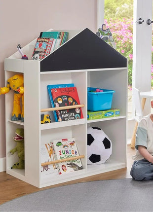 Dečija polica za igračke i knjige KINDER HOME, Kućica sa policama i tablom za crtanje, Montesori, Bela