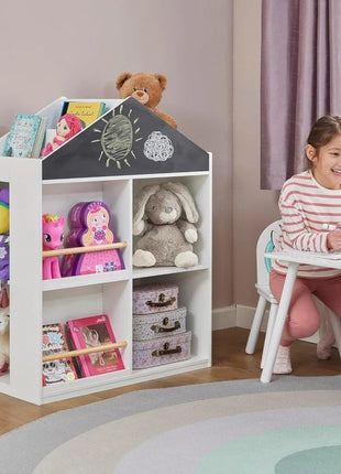 Dečija polica za igračke i knjige KINDER HOME, Kućica sa policama i tablom za crtanje, Montesori, Bela