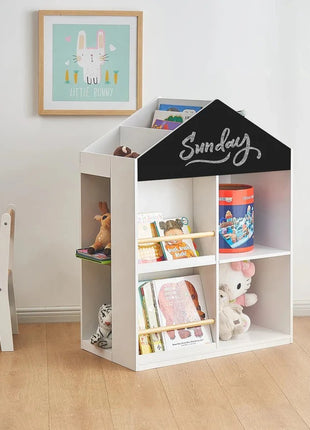 Dečija polica za igračke i knjige KINDER HOME, Kućica sa policama i tablom za crtanje, Montesori, Bela