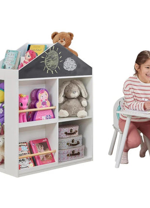 Dečija polica za igračke i knjige KINDER HOME, Kućica sa policama i tablom za crtanje, Montesori, Bela