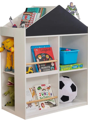 Dečija polica za igračke i knjige KINDER HOME, Kućica sa policama i tablom za crtanje, Montesori, Bela