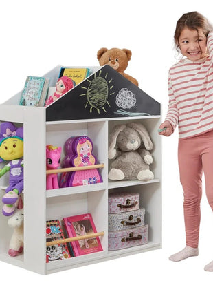 Dečija polica za igračke i knjige KINDER HOME, Kućica sa policama i tablom za crtanje, Montesori, Bela