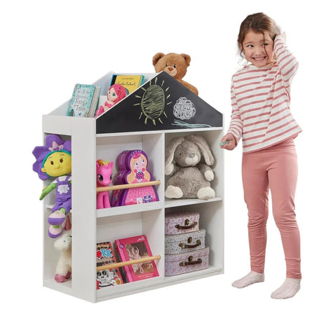 Dečija polica za igračke i knjige KINDER HOME, Kućica sa policama i tablom za crtanje, Montesori, Bela