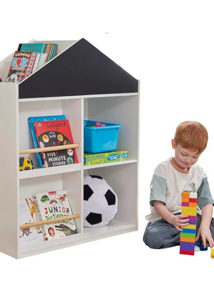 Dečija polica za igračke i knjige KINDER HOME, Kućica sa policama i tablom za crtanje, Montesori, Bela