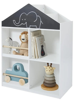 Dečija polica za igračke i knjige KINDER HOME, Kućica sa policama i tablom za crtanje, Montesori, Bela