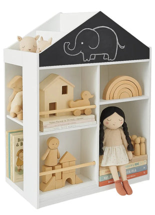 Dečija polica za igračke i knjige KINDER HOME, Kućica sa policama i tablom za crtanje, Montesori, Bela