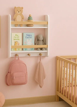Dečija polica KINDER HOME, Zid sa policama i vešalicama, bela, za dečiju sobu