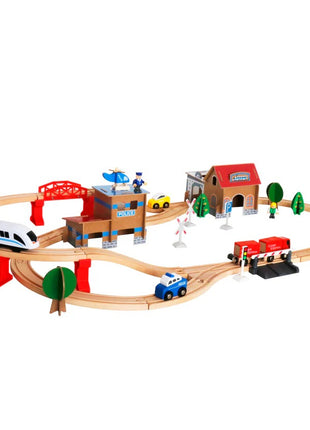 Dečiji drveni voz KINDER HOME, 88 delova, lokomotiva sa baterijom, 3+