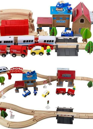 Dečiji drveni voz KINDER HOME, 88 delova, lokomotiva sa baterijom, 3+