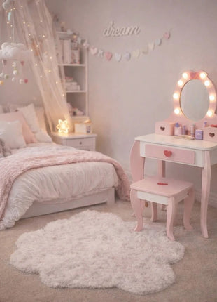 Dečiji drveni toaletni stočić sa ogledalom i svetlima KINDER HOME, roze, 92 cm