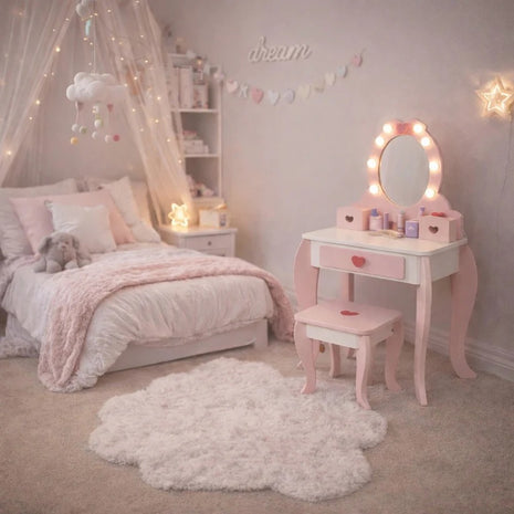 Dečiji drveni toaletni stočić sa ogledalom i svetlima KINDER HOME, roze, 92 cm