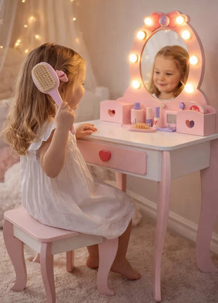 Dečiji drveni toaletni stočić sa ogledalom i svetlima KINDER HOME, roze, 92 cm