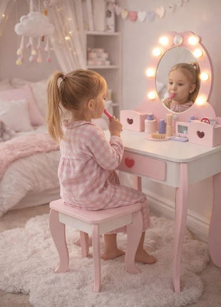 Dečiji drveni toaletni stočić sa ogledalom i svetlima KINDER HOME, roze, 92 cm