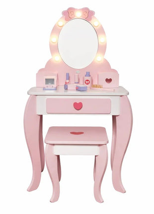 Dečiji drveni toaletni stočić sa ogledalom i svetlima KINDER HOME, roze, 92 cm