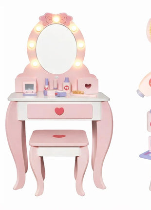Dečiji drveni toaletni stočić sa ogledalom i svetlima KINDER HOME, roze, 92 cm