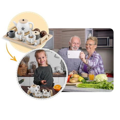 Dečiji drveni set za čaj i kafu sa dodacima - BELO/SIVA