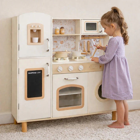 KINDER HOME Dečija drvena kuhinja – vintage stil sa elektronskim pločama za kuvanje, svetlima, zvucima i funkcionalnim dodacima