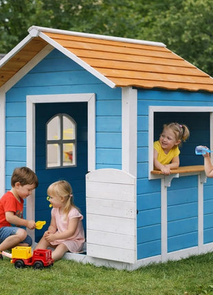 Dečija drvena kućica za igru KINDER HOME – Za igranje uloga, dvorište i baštu, plava, 118×138×132,5