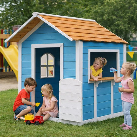 Dečija drvena kućica za igru KINDER HOME – Za igranje uloga, dvorište i baštu, plava, 118×138×132,5