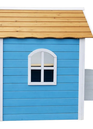 Dečija drvena kućica za igru KINDER HOME – Za igranje uloga, dvorište i baštu, plava, 118×138×132,5