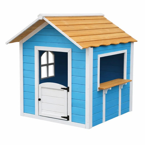 Dečija drvena kućica za igru KINDER HOME – Za igranje uloga, dvorište i baštu, plava, 118×138×132,5