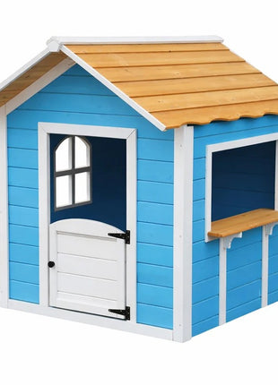 Dečija drvena kućica za igru KINDER HOME – Za igranje uloga, dvorište i baštu, plava, 118×138×132,5