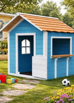 Dečija drvena kućica za igru KINDER HOME – Za igranje uloga, dvorište i baštu, plava, 118×138×132,5