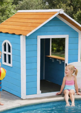 Dečija drvena kućica za igru KINDER HOME – Za igranje uloga, dvorište i baštu, plava, 118×138×132,5