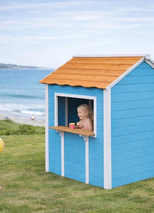 Dečija drvena kućica za igru KINDER HOME – Za igranje uloga, dvorište i baštu, plava, 118×138×132,5
