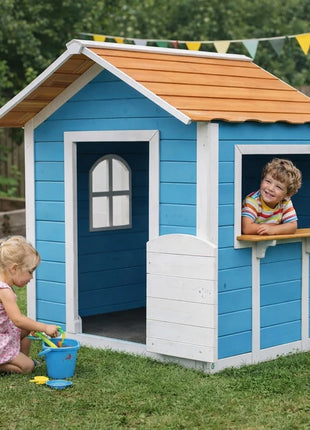 Dečija drvena kućica za igru KINDER HOME – Za igranje uloga, dvorište i baštu, plava, 118×138×132,5