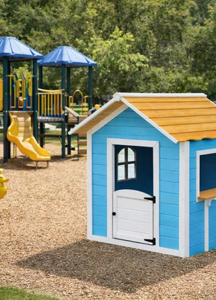 Dečija drvena kućica za igru KINDER HOME – Za igranje uloga, dvorište i baštu, plava, 118×138×132,5