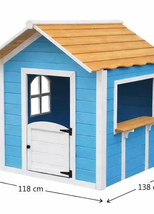Dečija drvena kućica za igru KINDER HOME – Za igranje uloga, dvorište i baštu, plava, 118×138×132,5