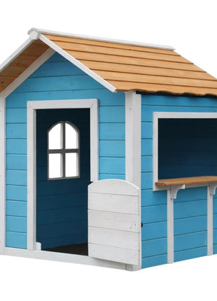 Dečija drvena kućica za igru KINDER HOME – Za igranje uloga, dvorište i baštu, plava, 118×138×132,5
