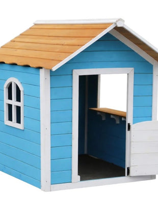 Dečija drvena kućica za igru KINDER HOME – Za igranje uloga, dvorište i baštu, plava, 118×138×132,5