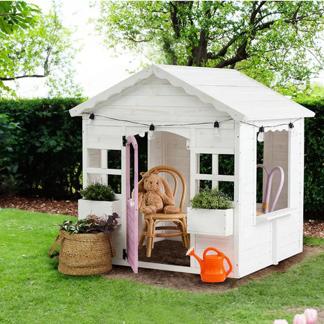 Dečija drvena kućica za igru KINDER HOME – Baštenska kućica sa prozorima i saksijama, bela