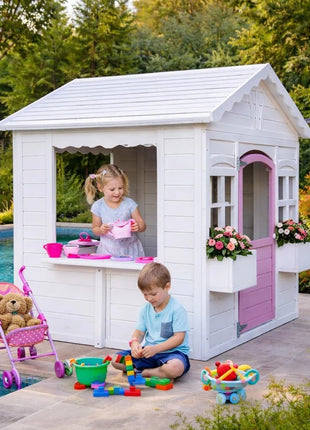 Dečija drvena kućica za igru KINDER HOME – Baštenska kućica sa prozorima i saksijama, bela