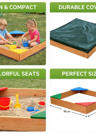 Dečiji drveni peskarnik KINDER HOME sa 4 sedišta – 90x90 cm, za dvorište i baštu