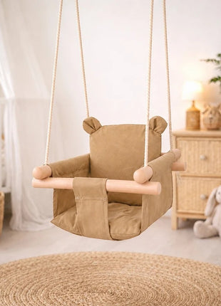Dečija drvena ljuljaška Plišani meda KINDER HOME – Mekano pamučno sedište, do 30 kg