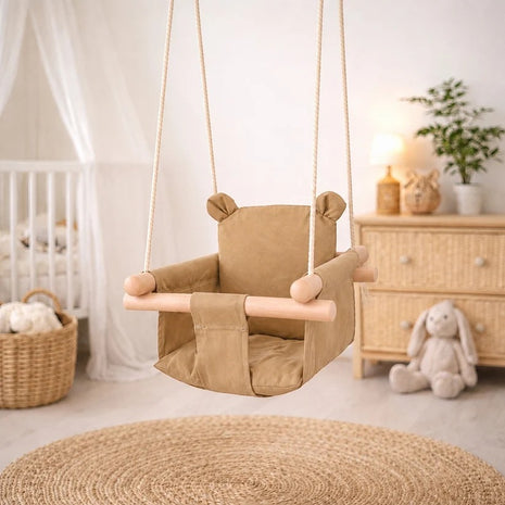 Dečija drvena ljuljaška Plišani meda KINDER HOME – Mekano pamučno sedište, do 30 kg