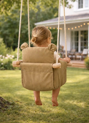 Dečija drvena ljuljaška Plišani meda KINDER HOME – Mekano pamučno sedište, do 30 kg