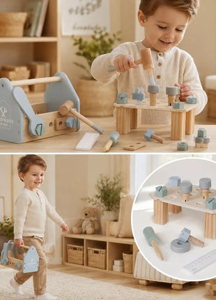 KINDER HOME Dečija drvena kutija za alat, mini radionica sa 22 dela, plava